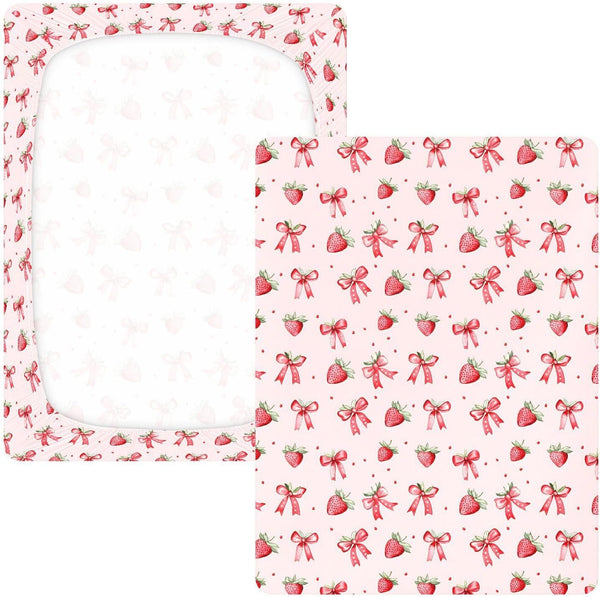 Cotton Crib Sheets for Boys or Girls Strawberries Bows Pattern, Soft Jersey