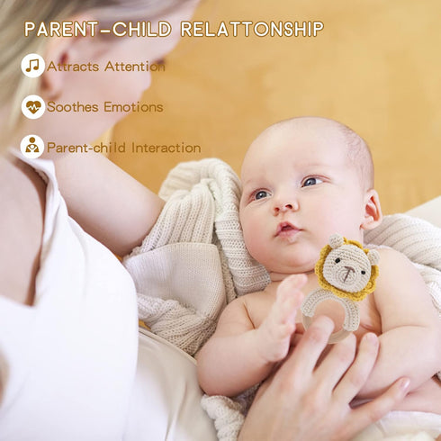 Wooden Baby Rattle Crochet Lion, Handmade Newborn Toy for Early Development Grips Stuffed Animal Organic Rattle
