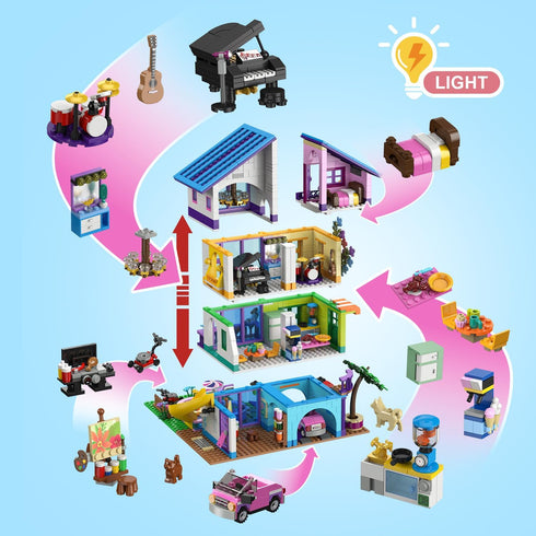 Set 1317 4 8-14+ HOGOKIDS Girls House Building with LED Light - PCS Friends Villa Block Toy with Car and Pool, Garden