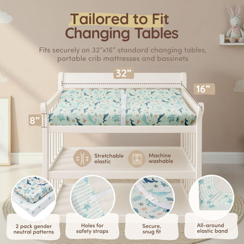 32"x16", 8" 100% 2 Pack, Baby Changing Pad Covers Girl Deep Pocket - Diaper Changing Pad Cover Nautical, Cotton Ocean