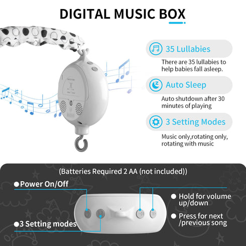 35 3 FEISIKE Baby Crib Mobile, Crib Toys Hanging with Lullabies, Modes Digital Musical BoxTurn Only, Music Only, Turn