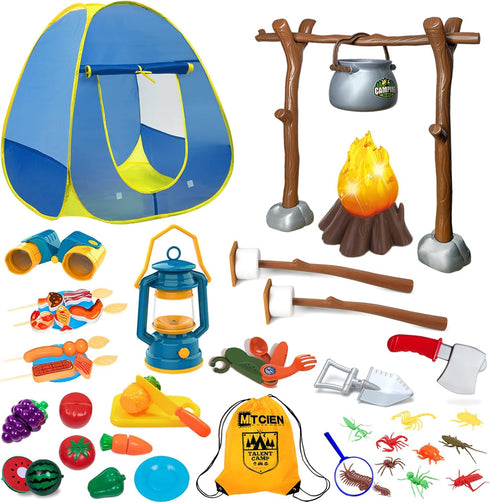 MITCIEN Kids Camping Set with Play Tent, Campfire, Binoculars, Oil Lantern, and Pretend Cutting Fruits for 3-5 Year Olds