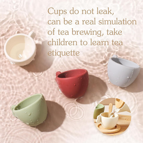 Set Enchanting Wooden Tea Party - Silicone Teapot, Cups & Carrying Scoop - Perfect for Little Girls' Tea Party