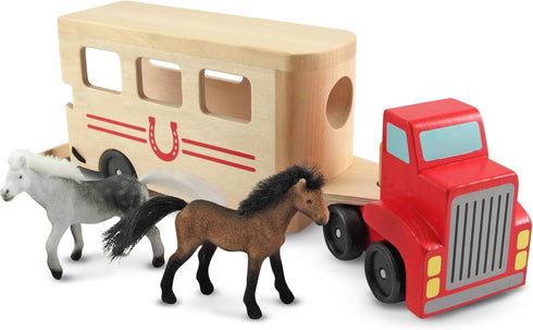 Melissa & Doug Horse Carrier Wooden Vehicle Play Set with 2 Flocked Horses and Pull-Down Ramp