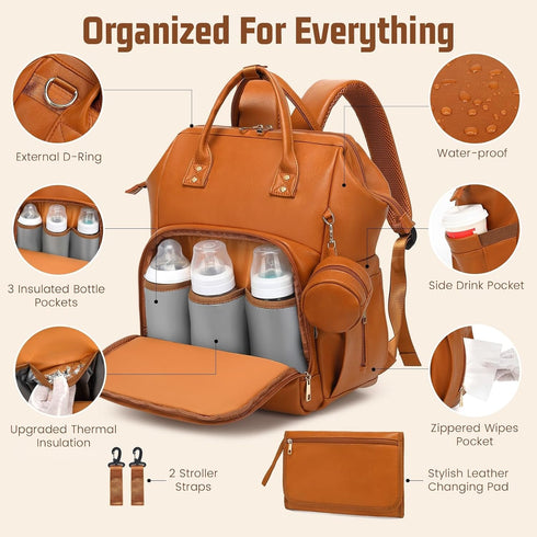Backpack ROSEGIN Premium Vegan Leather Diaper Bag with Waterproof Changing Pad Reinforced Stitching & Zippers, Baby Bag