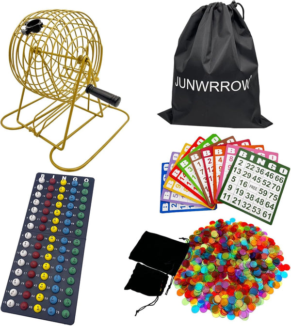 JUNWRROW Deluxe Bingo Game Set with Storage Bag- Includes 6-Inch Antique Gold