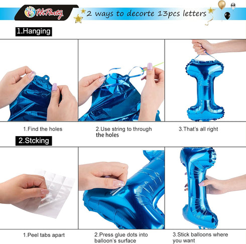 Blue Happy Birthday Balloons Banner, Mylar 3D Foil Letter Banners & 6 Star Balloons, 3-in-1 Party Decorations for Kids