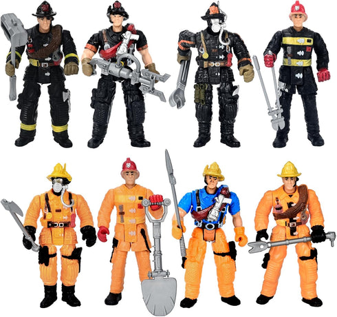 HAPTIME 8 Pieces Firefighter Action Figures, Fireman Toys for 3-7 Year Old Boys, 4-Inch Toy Figure & Playsets