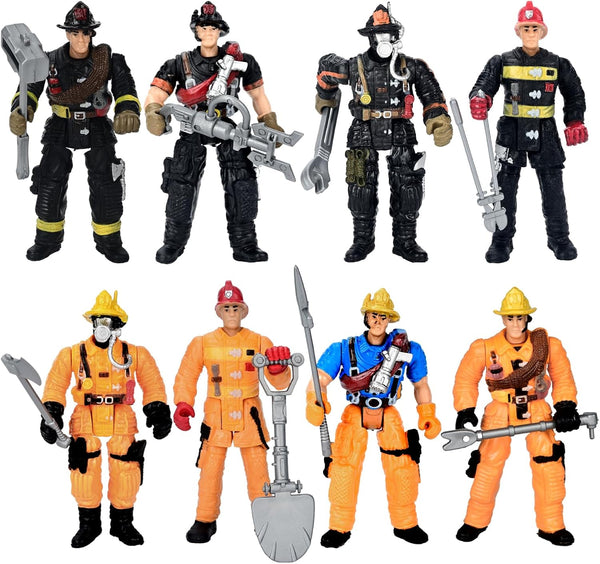 HAPTIME 8 Pieces Firefighter Action Figures, Fireman Toys for 3-7 Year Old Boys, 4-Inch Toy Figure & Playsets