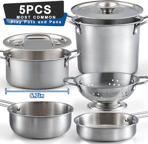 13Pcs Playset, Set 3 Kids Pretend Play Kitchen Accessories Pots and Pans Stainless Steel Pots and Pans Cooking Utensils