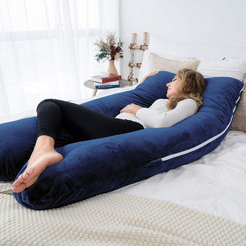 Navy U Shaped Pregnancy Body Pillow with Removable Velvet Cover