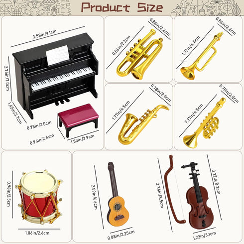 Dollhouse Miniature Musical Instrument Set in 1:12 Scale, Includes Violin, Piano, Trumpet, and Guitar