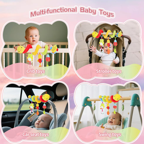 0-6 Car Seat Toys for Babies Months, Upgraded Spiral Hanging Crib Stroller Activity Toys with Detachable Rattles, Baby