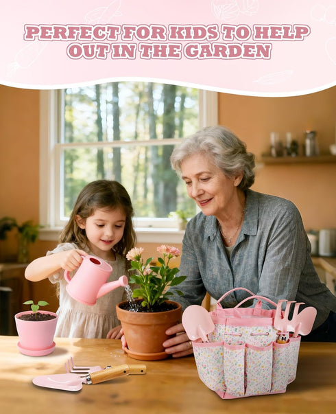 Set, Kids Gardening Gardening Tools Kit for Kids and Toddler, Includes Wooden Rake, Two Shovels, Gloves, Watering Can