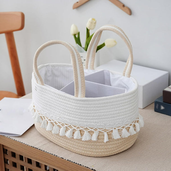 SHEKAKO Baby Diaper Caddy Organizer, Rope Tassel Nursery Storage Bin Basket, Portable Holder