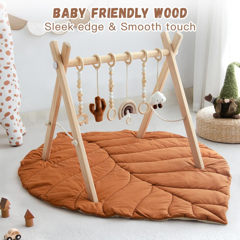 6 Razee Wooden Baby Play Gym Activity Mat, Leaf Shaped Play Mat Baby Gym with Hanging Sensory Toys Foldable Baby Gym