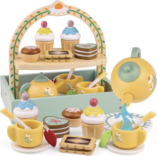 Wooden Tea Sets for Little Girls Play Food Cake Toys Toddlers 3-5