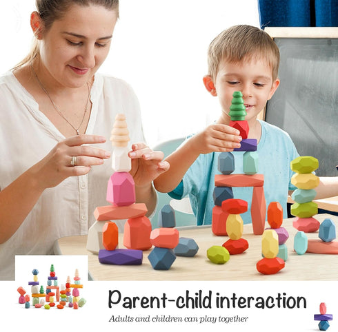 OESSUF Stacking Rocks, 48Pcs Wooden Balancing Stacking Blocks for Toddler Sorting Educational Montessori Game