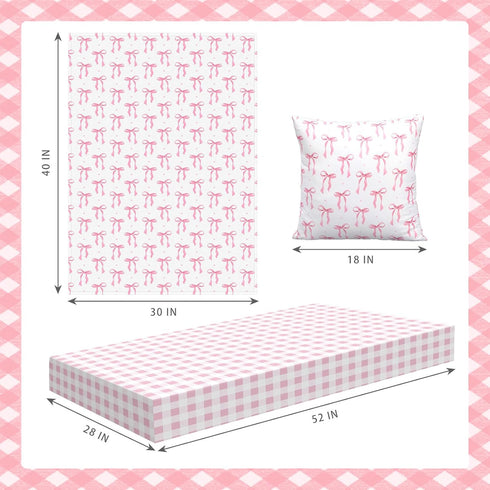 CrystalSylara 3 Set Piece Pink Bow Crib Bedding for Baby Girls - Soft Flannel Blanket Fitted Grid Crib Sheet Pillow