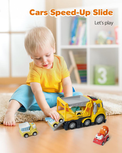 Construction Car Carrier Toys Set for 3-6 Years Old, 4 Small Cartoon Cars, Sound and Light Big Truck with Slide