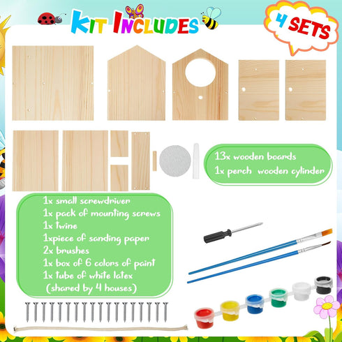 Juexica 4 Pack Birdhouse Kit - DIY Wooden Bird House with Paint and Brushes for Indoor/Outdoor Craft Fun
