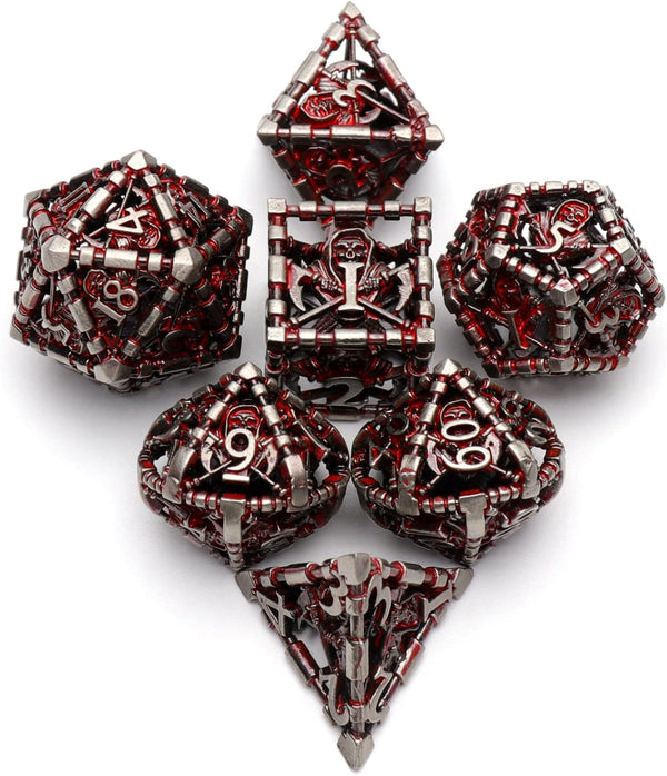 Set,7-Piece 3D Hollow Grim Reaper Metal DND Dice Polyhedral RPG Dice, Hollow Skeleton Design (Blood Red Numbers)
