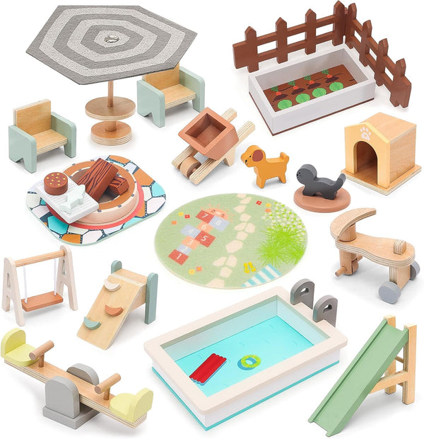 HAPGFS Wooden Doll House Furniture and Accessories Outdoor Play Set for Kids-