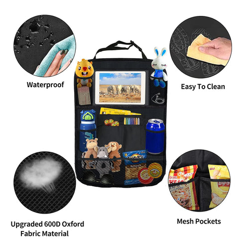 Ecurfu Backseat Car Organizer with 10 Compartments, 10 Inch Tablet Holder, Waterproof Storage Bag for Kids Cars (Black)