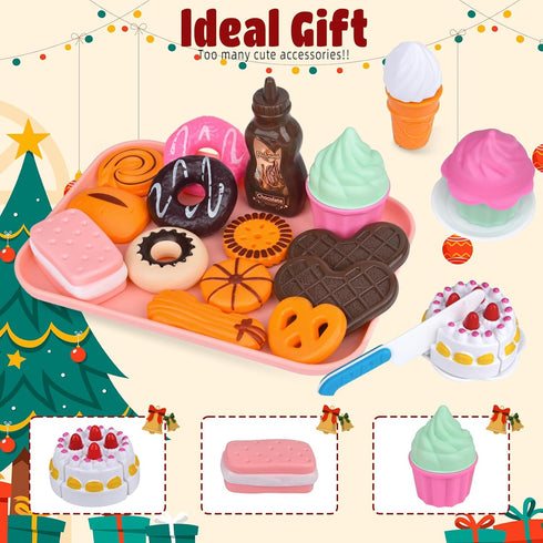 Fegalop Set 21PCS Sets Play Food for Kids, Pretend Dessert Food Toys with Cutting Toys Ice Cream and Cake,Plastic