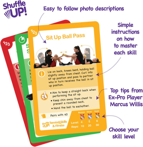 70+ 2 Shuffle Up Tennis Card Games - Fun & Active Skills Cards for Kids, Fitness Card Develop Fundamentals, Stamina
