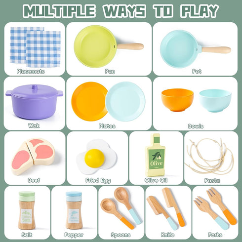 Sets Sets, 3 4 5 Wooden Kitchen Toys for Toddlers, Montessori Pretend Play Kitchen Accessories, Play Food for Kids
