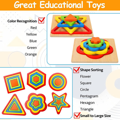 Toddler Puzzles Montessori Toy, Wooden Shape Sorting Puzzle, Sensory Toy for 1 2 3 Year Old, Educational Developmental