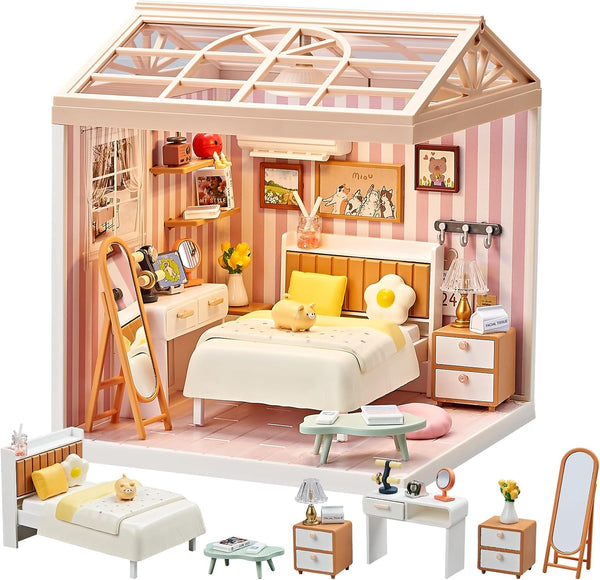 DIY Miniature Bedroom Kit 82Pcs Cozy Dollhouse Room with LED Light &