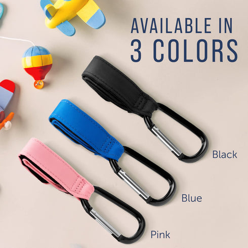 Pack 2, Maplefield Stroller Accessory Hooks - of Blue - Secure Hook & Loop Straps & Clip Holders - Carabiner Clip