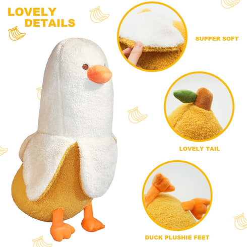 12" PEACH CAT Banana Duck Plush Toy Cute Plushie Hugging Plush Pillow Duck Stuffed Animal for Girls and Boys White