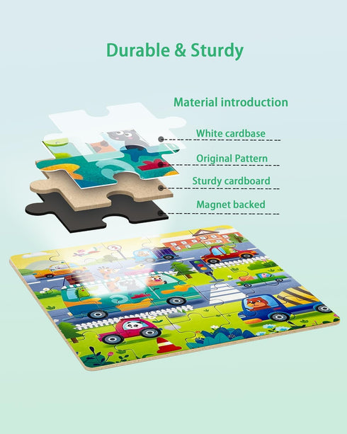 Magnetic Puzzles for Kids Ages 4-8 - 3 in 1 Wooden Jigsaw Puzzles Book, Learning Magnet Gift for Road Trip