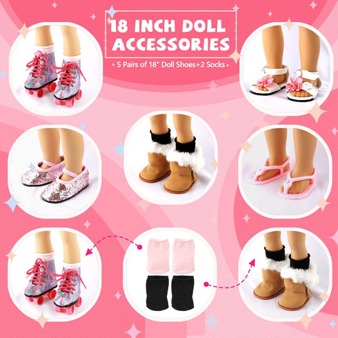 QSKJJI 18 inch 5 Shoes+2 18 Doll Accessories, Pairs of Doll Socks Doll Shoes Includes Snow Boots/Roller