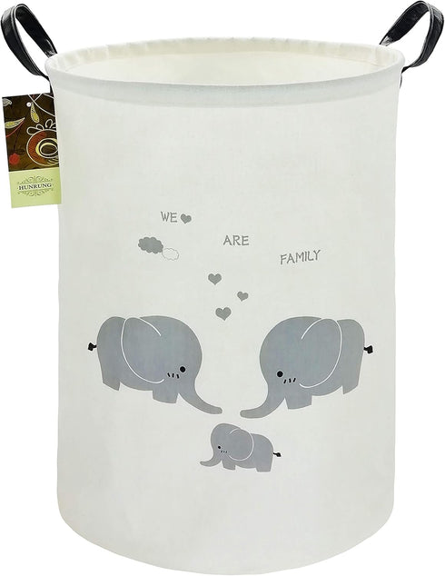 HUNRUNG Large Canvas Laundry Hamper, Lightweight Storage Basket for Dirty Clothes, Collapsible, Round-Family Elephants