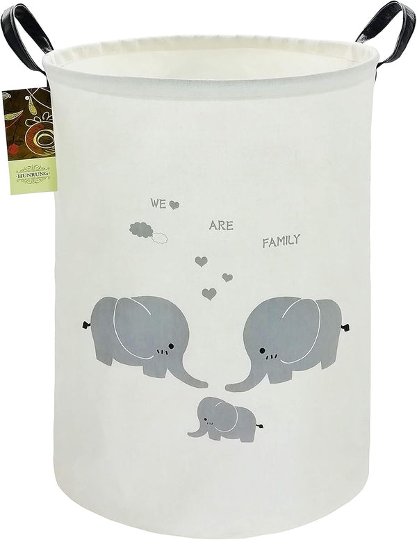 HUNRUNG Large Canvas Laundry Hamper, Lightweight Storage Basket for Dirty Clothes, Collapsible, Round-Family Elephants