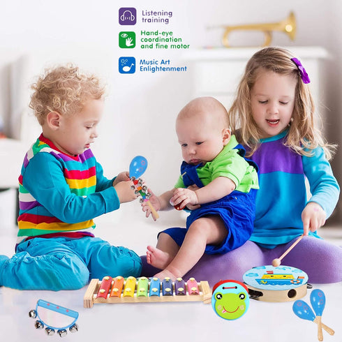 Kids Musical Instruments Set, 12pcs Wooden Percussion Toys, Tambourine & Xylophone for Early Learning (Blue)