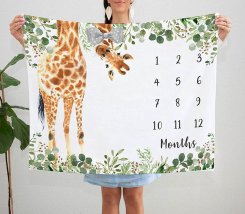 Giraffe Milestone Blanket - Safari Baby Growth Chart Monthly Blanket, Jungle Baby Nursery for New Moms