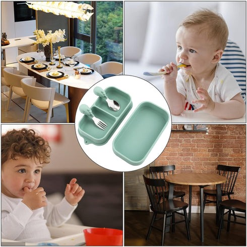 4pcs Travel Suction Plate Set for Baby, Portable Silicone Divided Bowls with Utensils for Toddler, Green