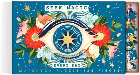 Galison Seek Magic Every Day 128 Piece Matchbox Puzzle – Cosmic Art of EurekartStudio, Giftable Foil Stamped Box