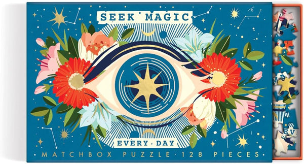 Galison Seek Magic Every Day 128 Piece Matchbox Puzzle – Cosmic Art of EurekartStudio, Giftable Foil Stamped Box