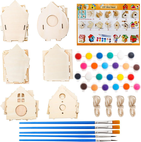 Coloch 6 Pack DIY Birdhouse Kits, Wooden Crafts for Children to Build and Paint, Includes Paints and Brushes