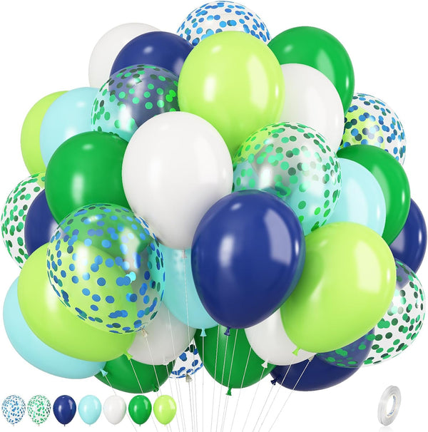12 Inch Blue and Green Balloons, Navy Blue Dark Green Latex Balloons with Confetti for Birthday Jungle Party