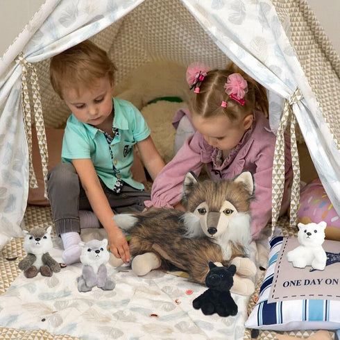 5 Pcs Wolf Plush Set, 16 Inch Stuffed Animal with Mini Baby Wolves, Soft Plushie for Birthday Party Favors