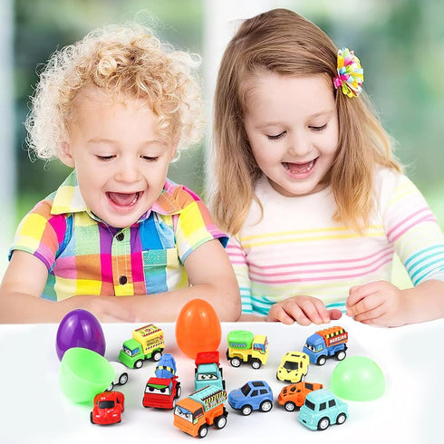 ISTOOLL 12PCS Pre Filled Easter Eggs Car Gifts for Kids with Pull-Back Cars Easter Basket Stuffers Easter Eggs Hunt