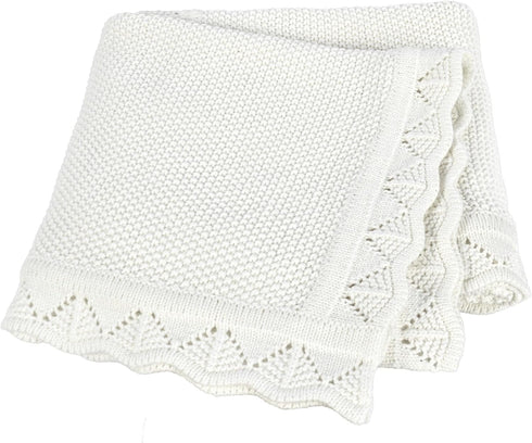 Knitted Baby Blanket, 100% Cotton Receiving Swaddle Crib Blanket, 40 x 31 Inch, White for Newborns