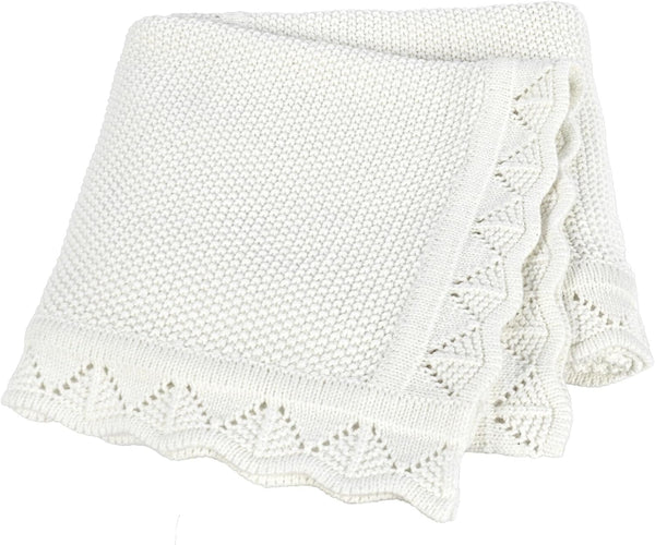 Knitted Baby Blanket, 100% Cotton Receiving Swaddle Crib Blanket, 40 x 31 Inch, White for Newborns